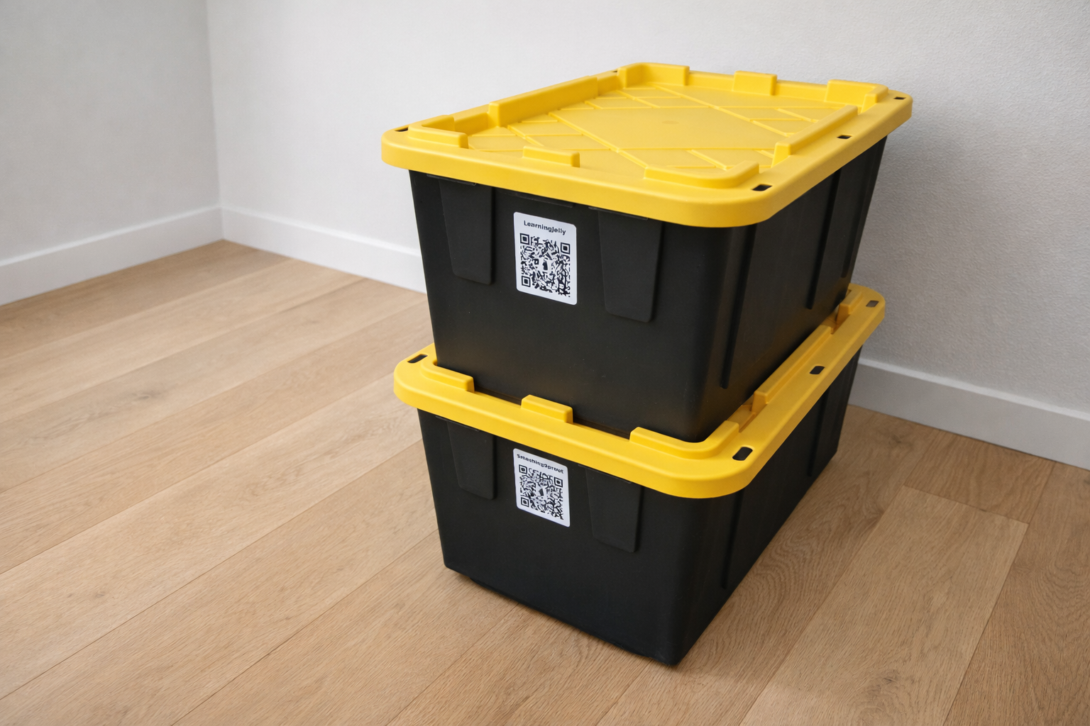 A bright, uncluttered home with storage totes ready for pickup